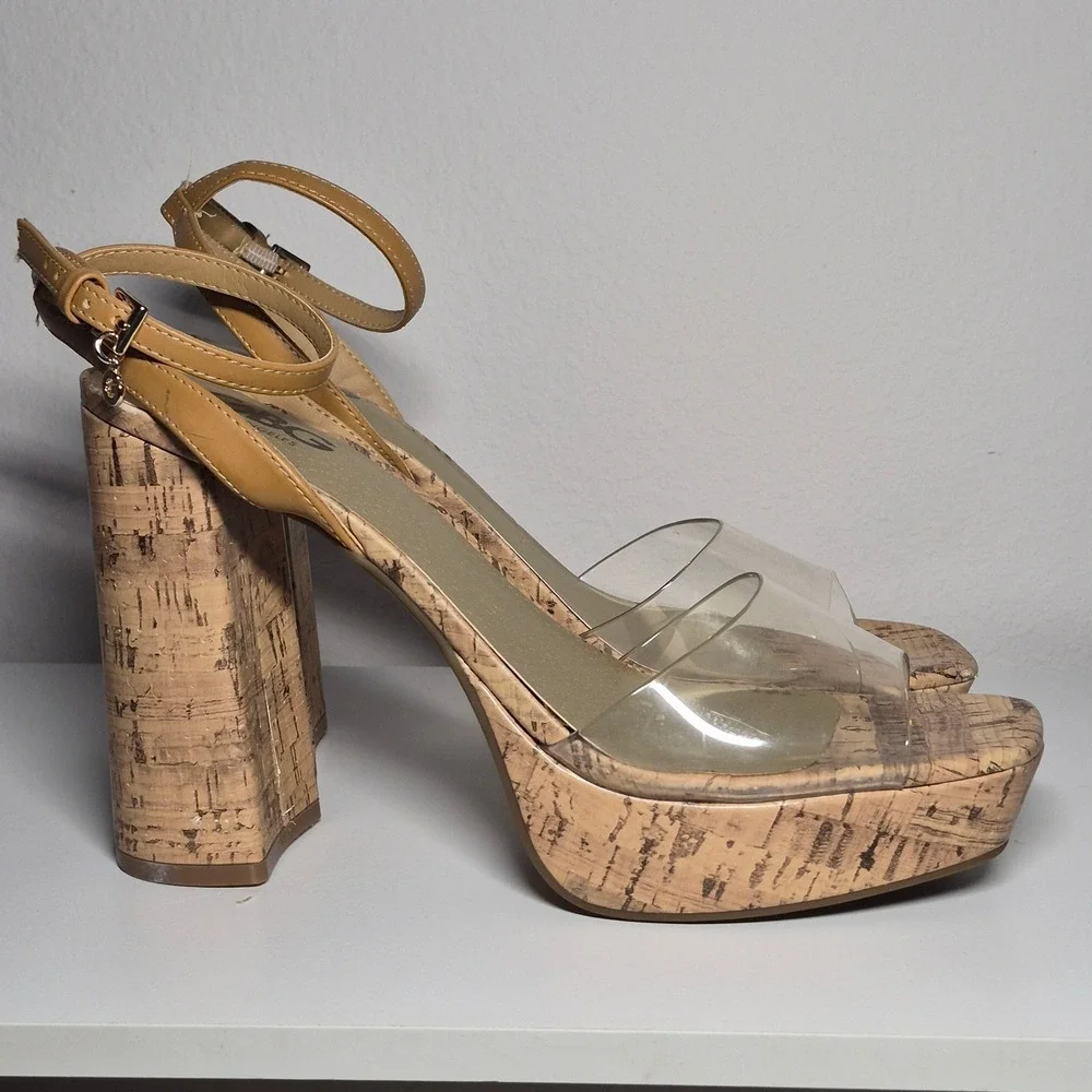 GBG Cork Platforms Acrylic Logo Ankle Strap 70s Vibes Vintage Aesthetic Bold 10M